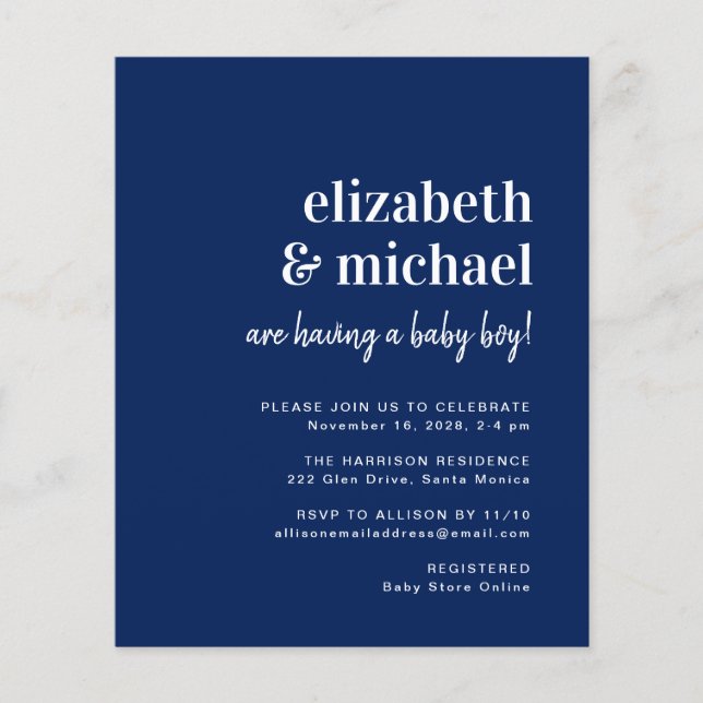 Budget Navy Couples Baby Boy Shower Invitation (Front)
