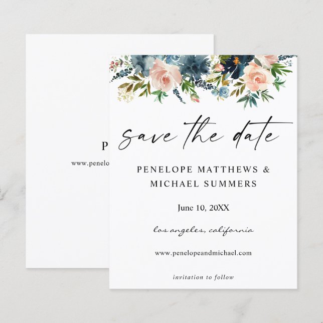 Budget Navy D Blue & Pink Floral Save the Date V2 (Front/Back)