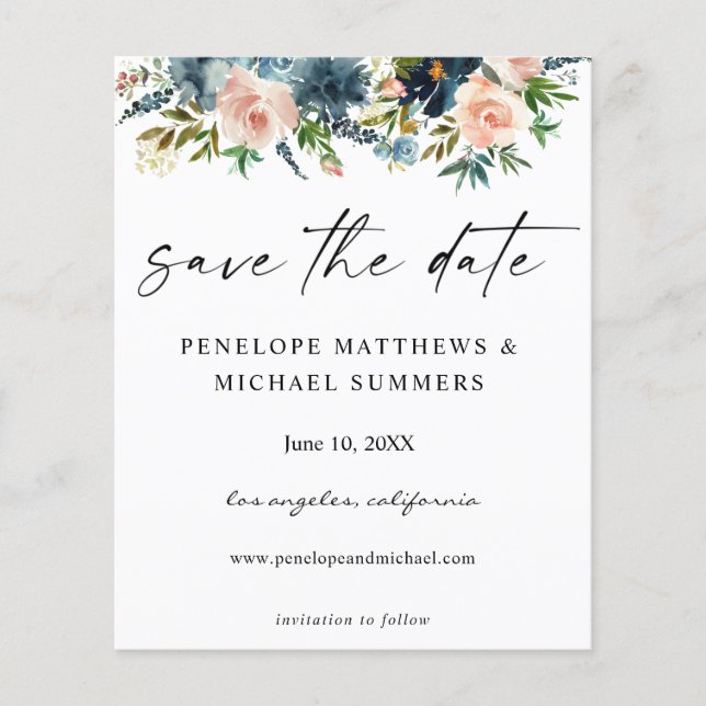 Budget Navy D Blue & Pink Floral Save the Date V2 Flyer (Front)