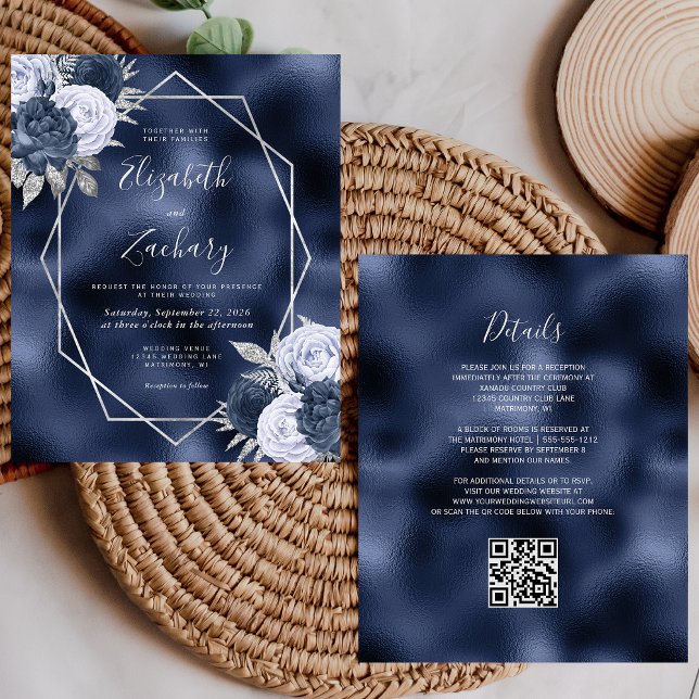 Budget Navy Dusty Blue Floral QR Code Wedding (Creator Uploaded)