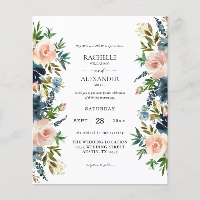 Budget Navy Dusty Blue & Pink Blush 1 Wedding Flyer (Front)