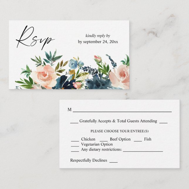 Budget Navy, Dusty Blue& Pink Floral 2SM Meal RSVP Enclosure Card (Front/Back)