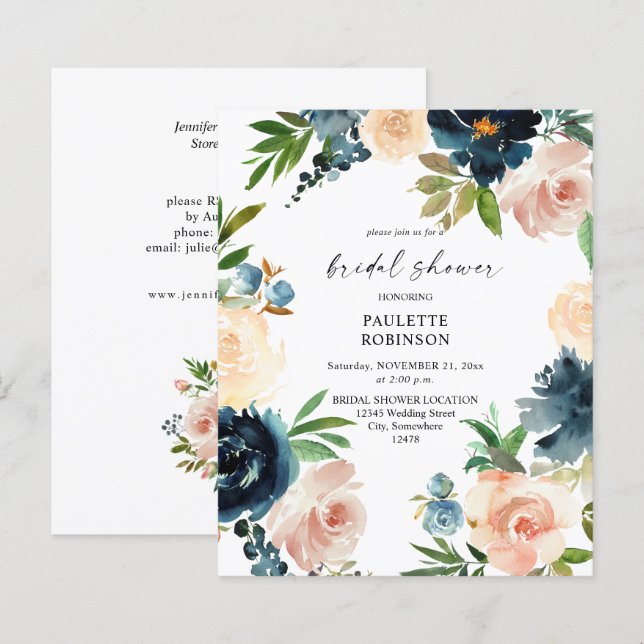 Budget Navy & Dusty Blue Pink Floral Bridal Shower (Front/Back)