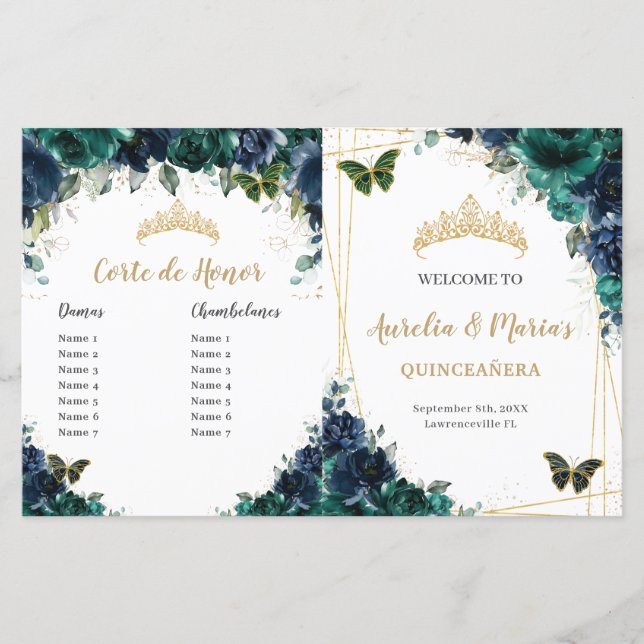 Budget Navy Emerald Floral Quinceañera Program (Front)