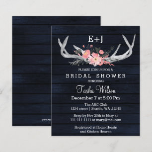 Budget Navy Floral Antler Bridal Shower Invitation