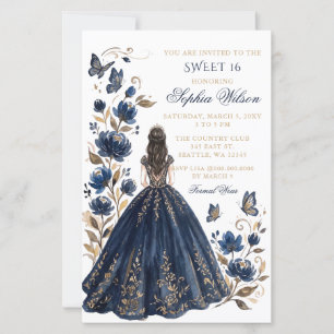 Budget Navy Floral Butterfly Princess Sweet 16