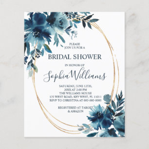 Budget Navy Flower & Gold Bridal Shower Invitation