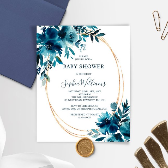 Budget Navy Flowers & Gold Baby Shower Invitation (Creator Uploaded)
