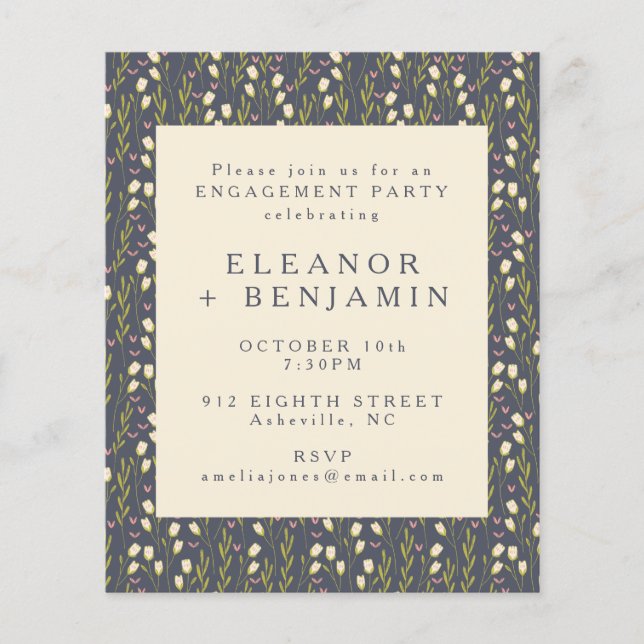 Budget Navy Garden Floral Engagement Party Invite (Front)