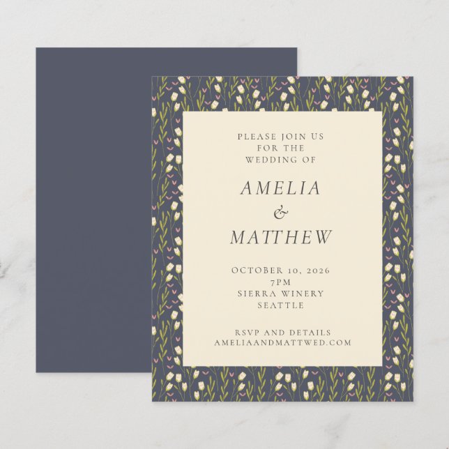 Budget Navy Garden Floral Rustic Wedding Invite (Front/Back)
