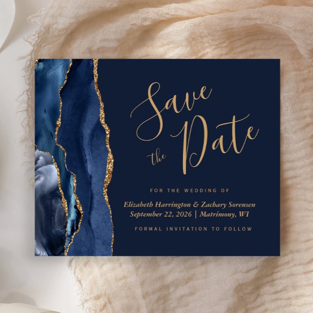 Budget Navy Gold Agate Wedding Save the Date (Creator Uploaded)