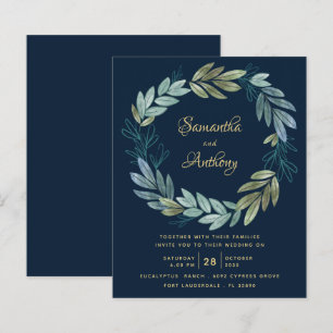 Budget Navy Gold Botanical Wedding Invitation