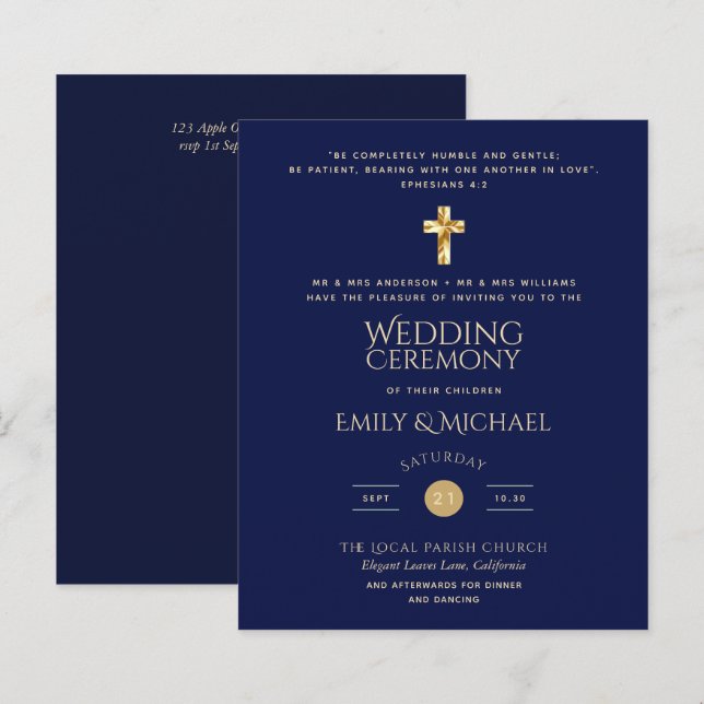 Budget Navy Gold Catholic Christian Wedding Invite (Front/Back)