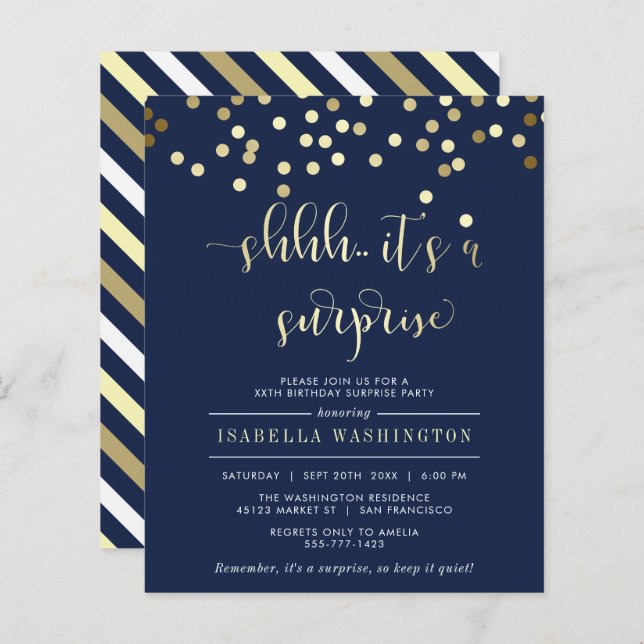 Budget Navy Gold Confetti Surprise Birthday Party (Front/Back)