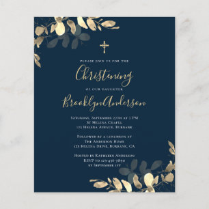 Budget Navy Gold Eucalyptus Christening Invitation