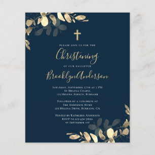 Budget Navy Gold Eucalyptus Christening Invitation