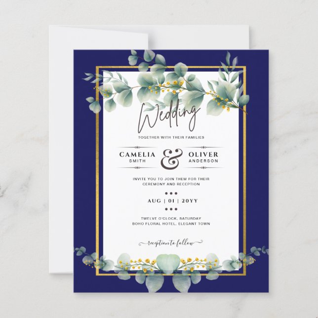 BUDGET NAVY GOLD Eucalyptus Wedding Invite QR CODE (Front)