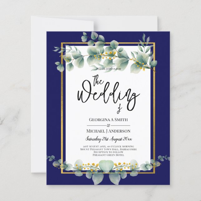 BUDGET NAVY GOLD Eucalyptus Wedding Invite QR CODE (Front)
