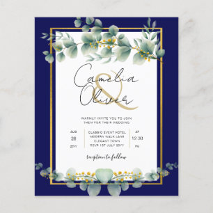 BUDGET NAVY GOLD Eucalyptus Wedding Invite QR CODE Flyer