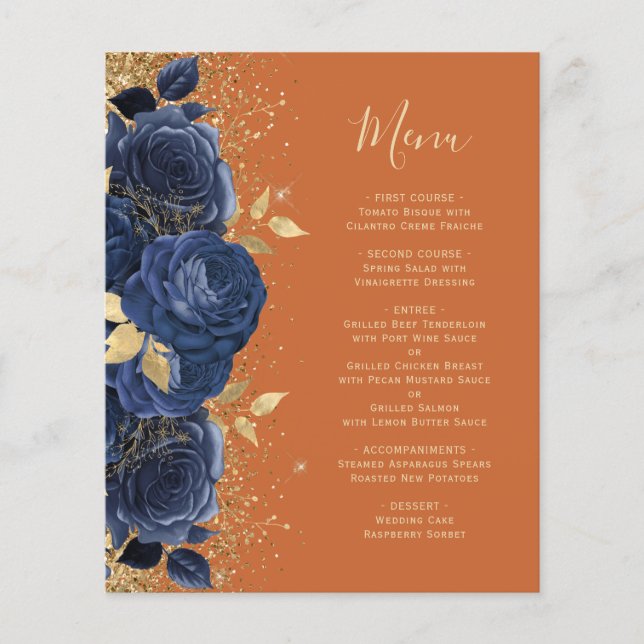Budget Navy Gold Floral Burnt Orange Wedding Menu (Front)