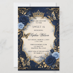 Budget Navy Gold Floral Butterfly Sweet 16