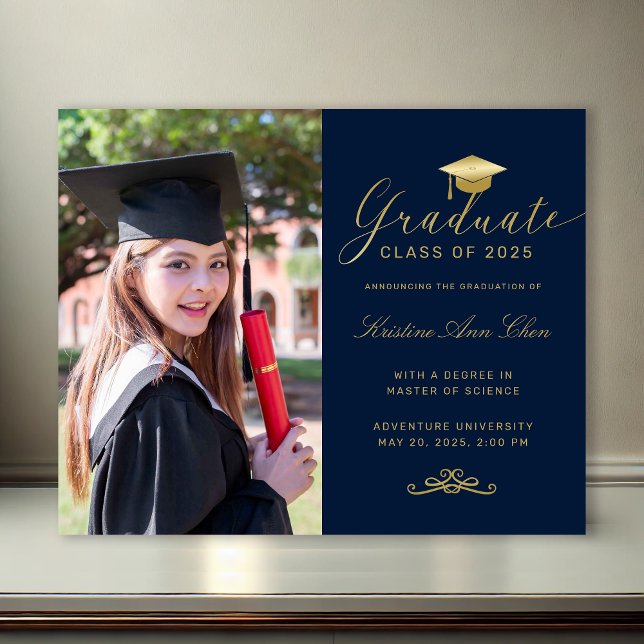 Budget Navy Gold Formal Script Photo Graduation  (Budget Navy Blue Gold Formal Script Photo Graduation Announcement)