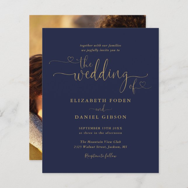 Budget Navy Gold Heart Script Photo Wedding Invite (Front/Back)
