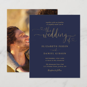 Budget Navy Gold Heart Script Photo Wedding Invite
