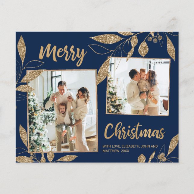 Budget Navy Gold Leaves 2 Photo Christmas Card (Front)