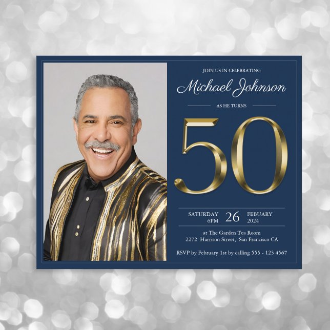 Budget Navy Gold Photo 50th Birthday Invitation (Mockup View)