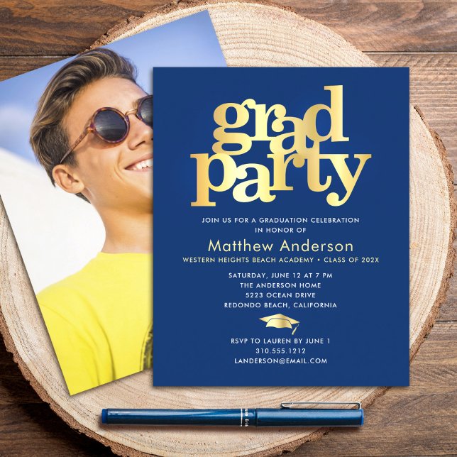 Budget Navy Gold Photo Grad Party Minimal Invite (Creator Uploaded)