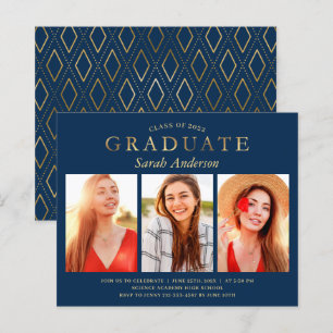 Budget Navy Gold Three Photo Graduation Invitation