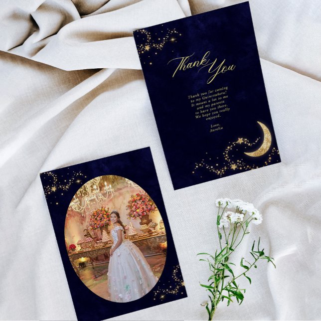 BUDGET Navy Gold Under the Stars Quinceañera Photo Card (Creator Uploaded)