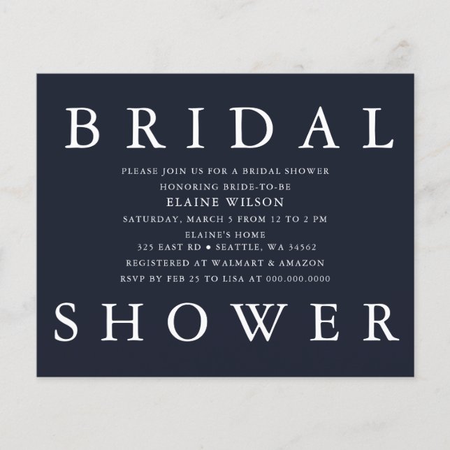 Budget Navy Modern Bridal Shower Invitation (Front)