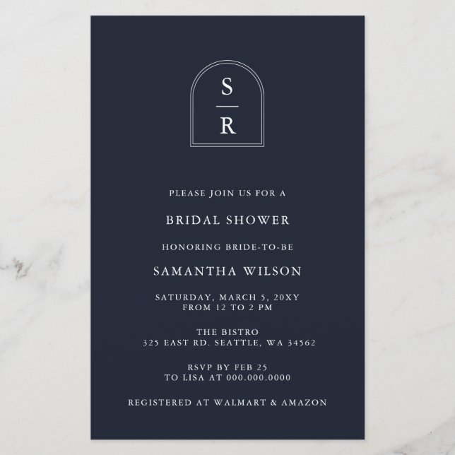 Budget Navy Monogram Bridal Shower Invitation (Front)