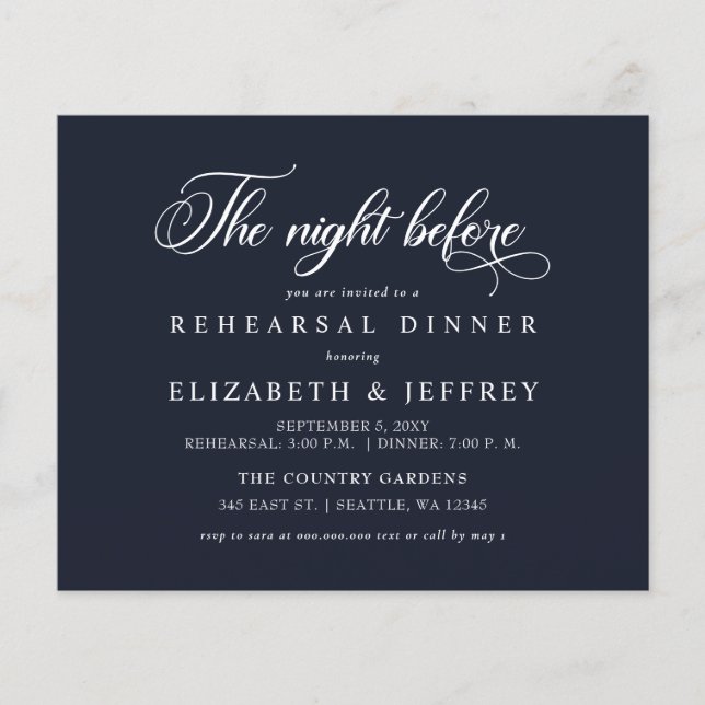 Budget Navy Night Before Rehearsal Dinner invite (Front)