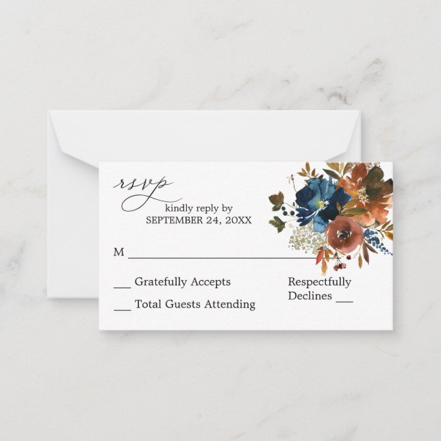 Budget Navy Orange & Brown Floral 2SM No Meal RSVP Card (Front)