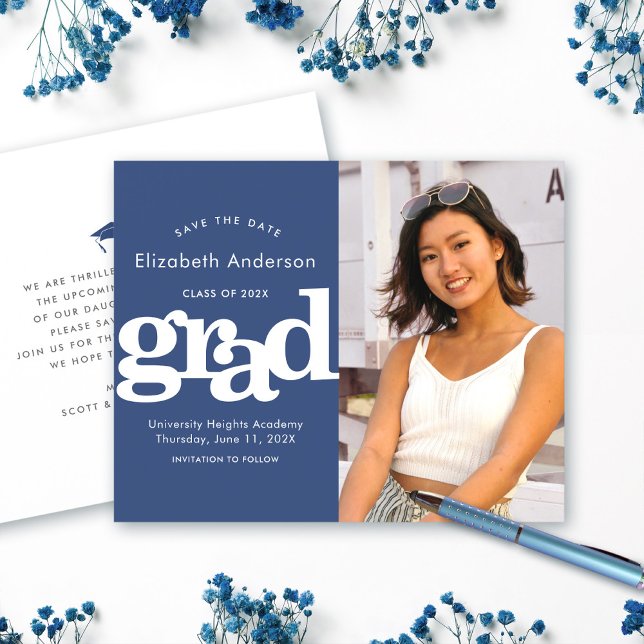 Budget Navy Photo Save Date Graduation Invitation (Creator Uploaded)