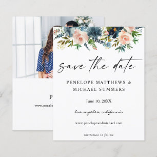 Budget Navy & Pink Floral Save the Date V2 Photo