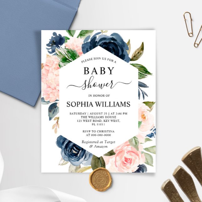 Budget Navy & Pink Frame Baby Shower Invitation (Creator Uploaded)