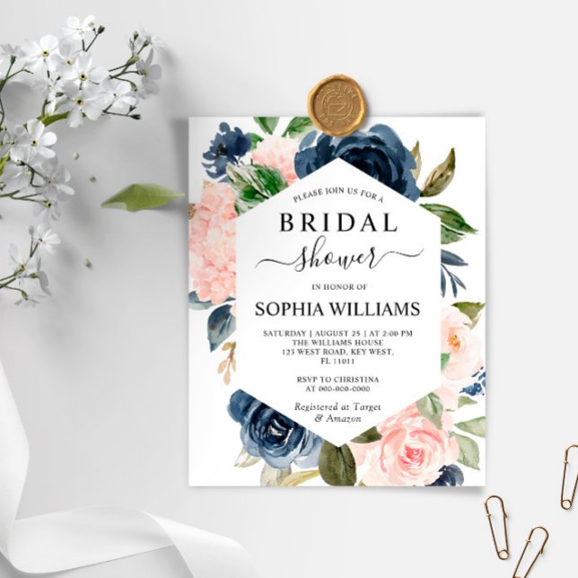 Budget Navy & Pink Frame Bridal Shower Invitation (Creator Uploaded)