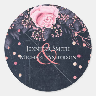 BUDGET Navy Pink Rosegold Wedding Floral Classic Round Sticker