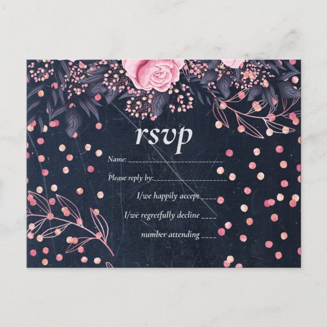 BUDGET Navy Pink Rosegold Wedding Floral Invitation Postcard (Front)