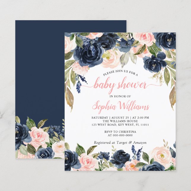 Budget Navy & Pink Roses Baby Shower Invitation (Front/Back)