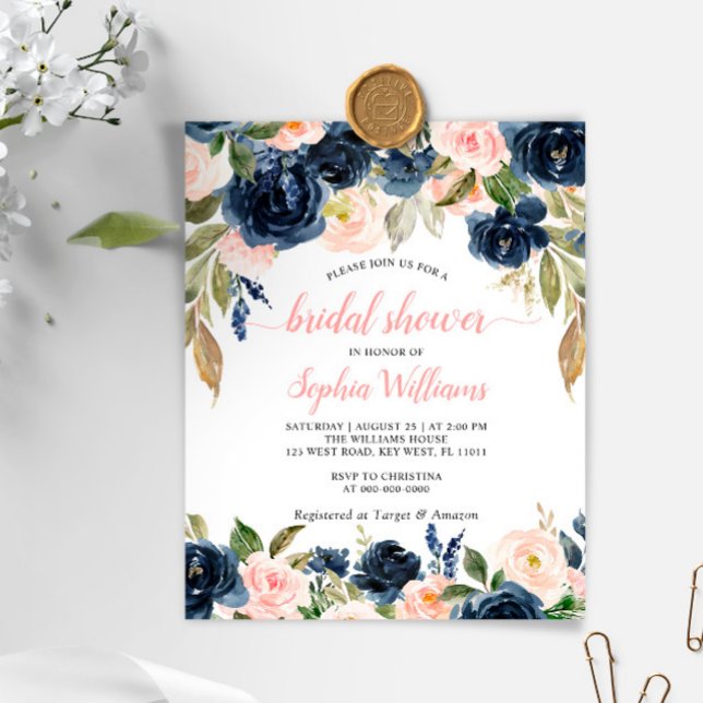 Budget Navy & Pink Roses Bridal Shower Invitation (Creator Uploaded)