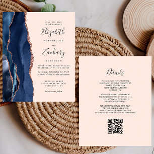 Budget Navy Rose Gold Agate Blush QR Code Wedding