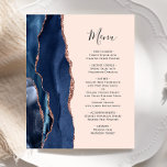 Budget Navy Rose Gold Agate Blush Wedding Menu<br><div class="desc">The left-hand edge of this elegant modern wedding menu features a navy blue watercolor agate border trimmed with faux rose gold glitter. The customisable text combines handwriting script and copperplate fonts in charcoal grey on a blush pink background. The reverse side features a matching navy blue and rose gold agate...</div>