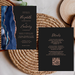 Budget Navy Rose Gold Agate Dark QR Code Wedding