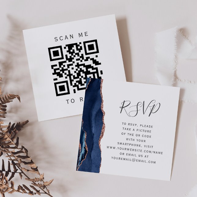 Budget Navy Rose Gold Agate Wedding QR Code RSVP Enclosure Card (Creator Uploaded)