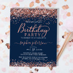 Budget Navy Rose Gold Glitter Birthday Invitation<br><div class="desc">Budget Modern Stylish Blush Pink Rose Gold Sparkle Glitter Navy Blue Birthday Invitation. This cheap elegant any age feminine girly adult birthday invitation template featuring a trendy hand lettered swash tail font calligraphy with blush pink rose gold glitter borders on dusty Navy Blue background. Perfect for any age (16th, 18th,...</div>